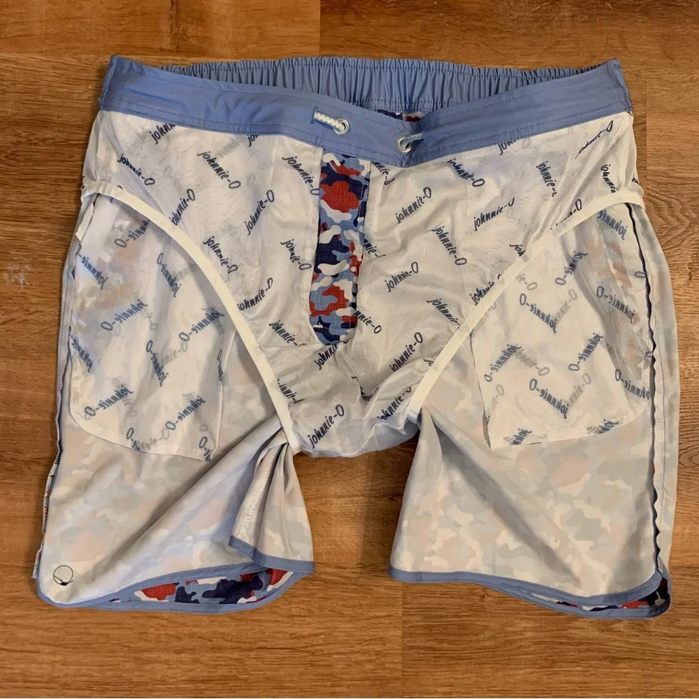Johnnie-O NWOT Men’s XL Lined Red White Blue Camo Swim Trunks Boardshorts Preppy